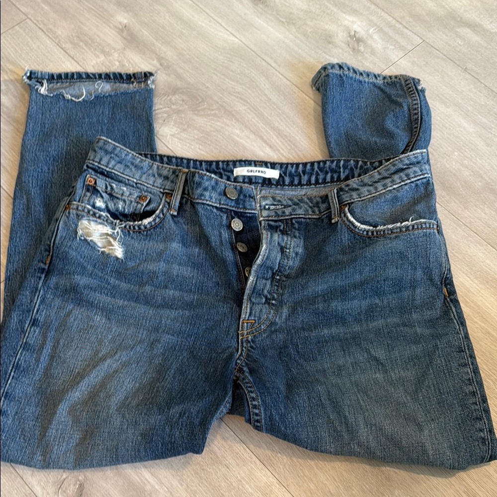 GRLFRND Blue Straight Leg Jeans with Distressed Details